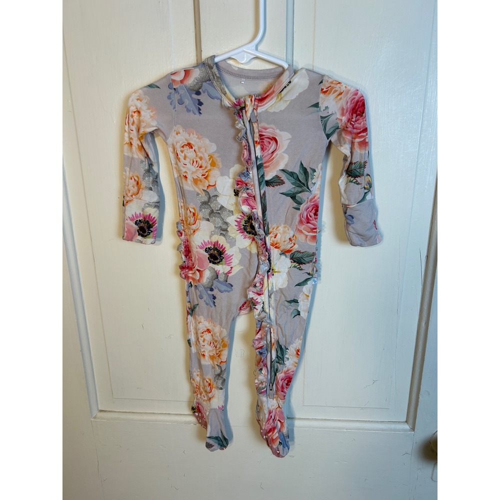 Posh Peanut Floral Ruffle Bamboo Viscose Footie Pajamas Grey 0-3M